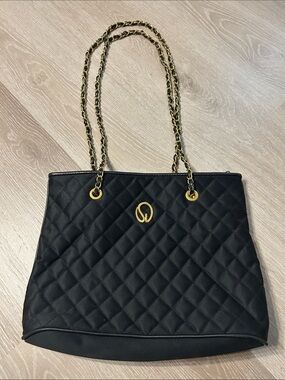 St. John Vintage Black Quilted Chain-Handle Gold Accen Tote Bag